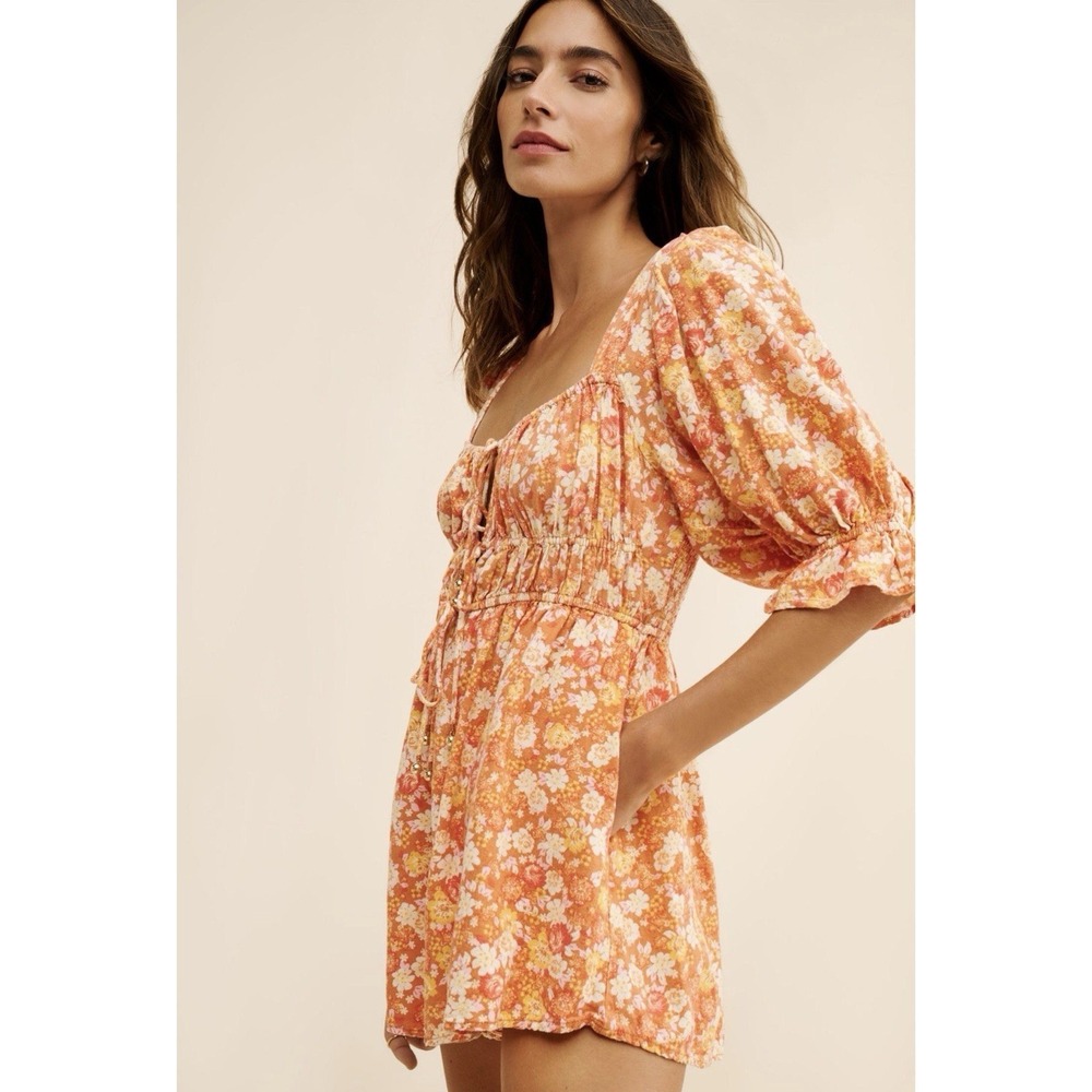 Free People Show Me Love Romper Orange Floral Puff Sleeve Smocked Womens Size‎ S